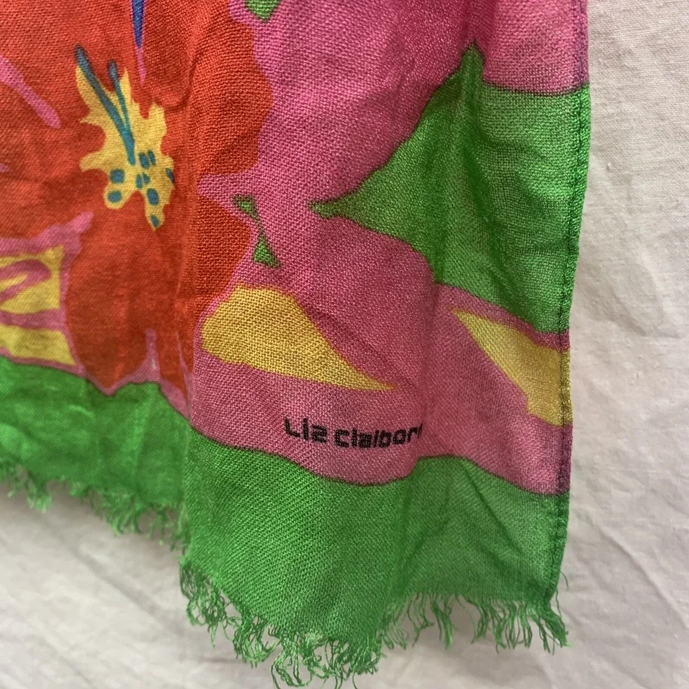 Vtg Floral Scarf Liz Claiborne Hawaiian Hibiscus Red Pink Blue Green Tropical